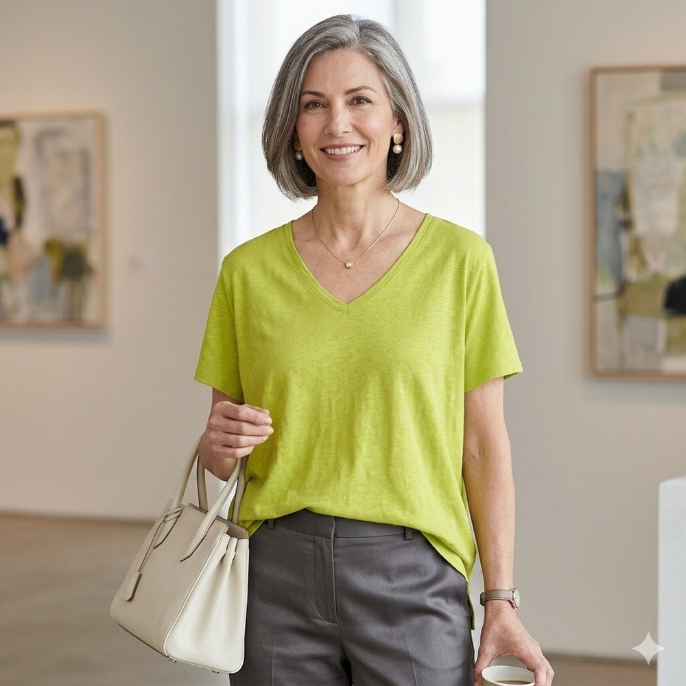 Lagenlook Eileen Fisher V-Neck Tee Women 3X Green Slub Knit Short Sleeve Top